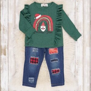 Marie Nicole Christmas Vibes Gnome Green Long Sleeve Top and Patchwork Jeans